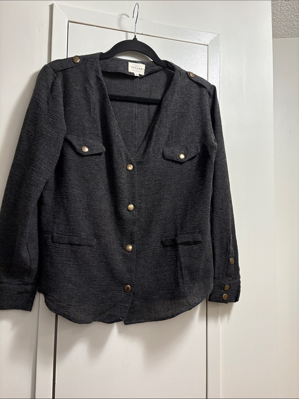 Sezane charcoal Textured Button-Front Military-Inspired top
